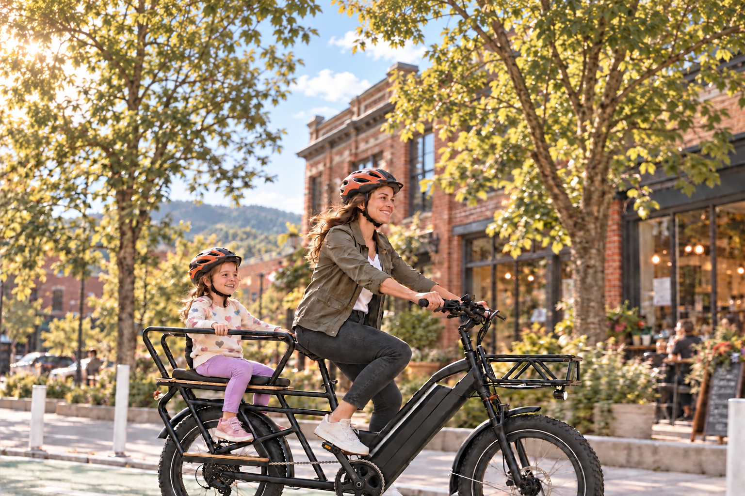Parent and child riding the M2S All Terrain Scout Cargo